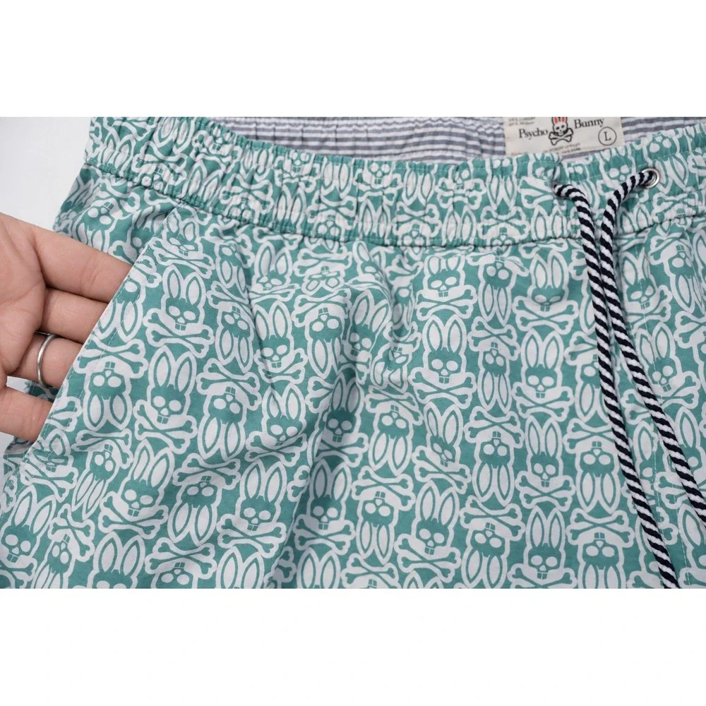 Psycho Bunny Swim Trunks Mens L Teal White Bunny Skull Print Mesh Lined